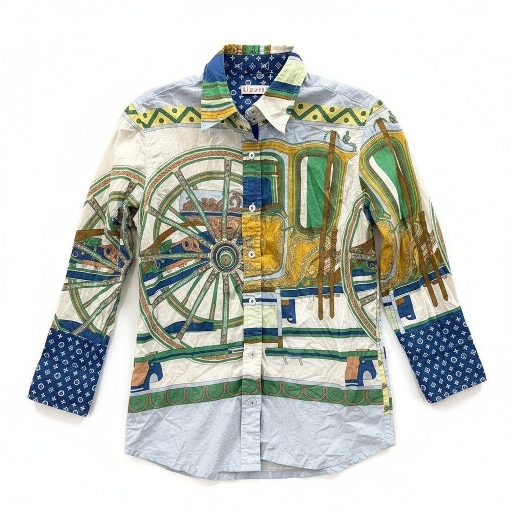 Tizzie Button Up Shirt Womens Multicolor Equestrian Carriage Scarf Print Small